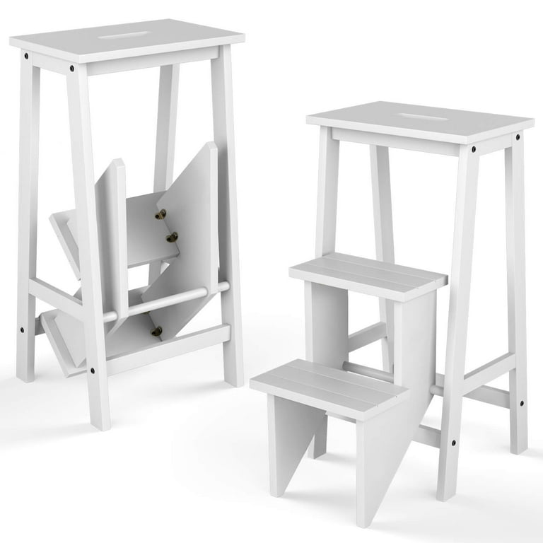 Soctone 3-Step Folding Ladder – Sturdy Steel, 500lb Capacity, Anti-Slip Handrail & Wide Pedals, Compact Storage, White