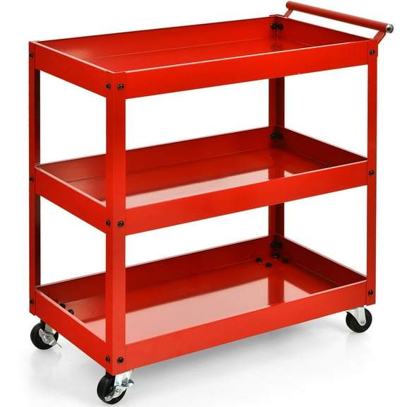 Costway 3-Tier Utility Cart Metal Storage Service Trolley 330lbs Capacity Red