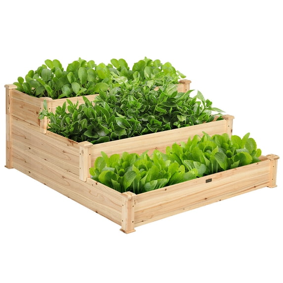 Costway 3 Tier Wooden Raised Vegetable Garden Bed Elevated Planter Kit, Brown fir wood, 49 in x 49 in