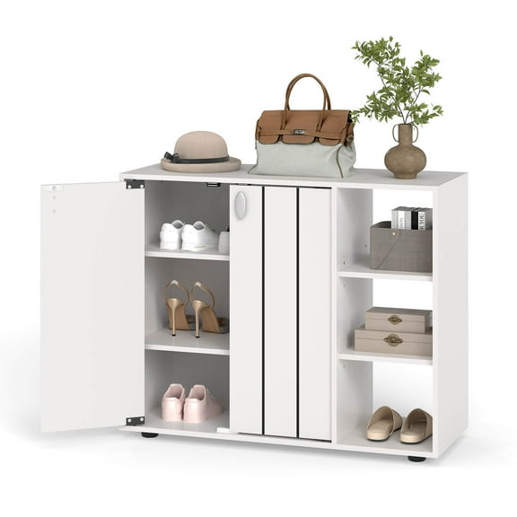 Costway 3-Tier Wooden Shoe Storage Organizer with Doors & 3-Level Adjustable Open Shelves