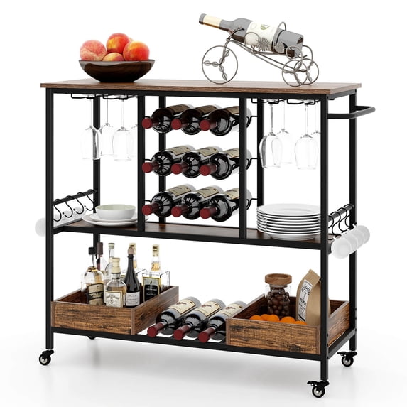 Costway 3 Tiers Bar Cart Home Serving Cart on Wheels with Glass Racks Wine Holders Rustic Brown
