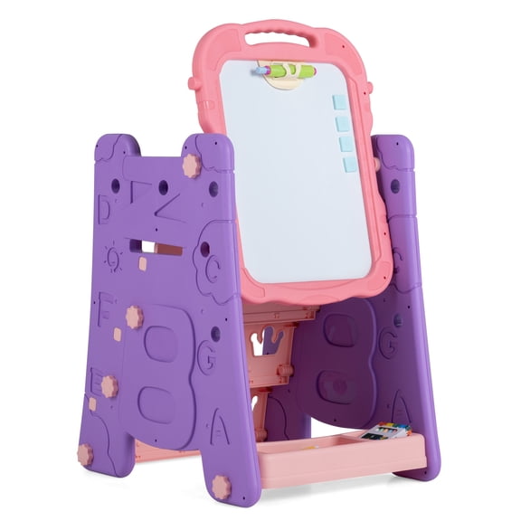 Costway 3 in 1 Art Easel for Kids with Book Rack, Height Adjustable Standing Easel, Age 3+ Pink & Purple