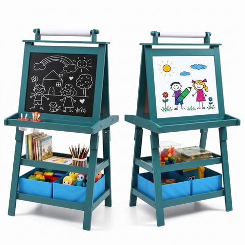 Costway 3 in 1 Double-Sided Wooden Kid's Art Easel Whiteboard Blue