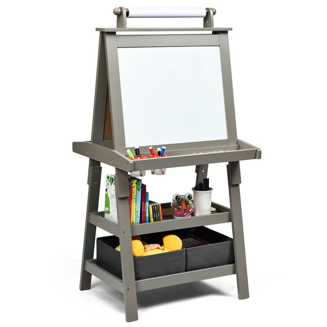 Costway 3 in 1 Double-Sided Wooden Kid's Art Easel Whiteboard Grey