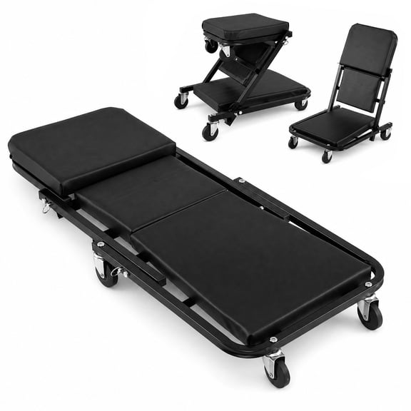 Costway 3-in-1 Folding Mechanic Creeper, Adjustable Roller Garage Chair Lay Down or Sit Black