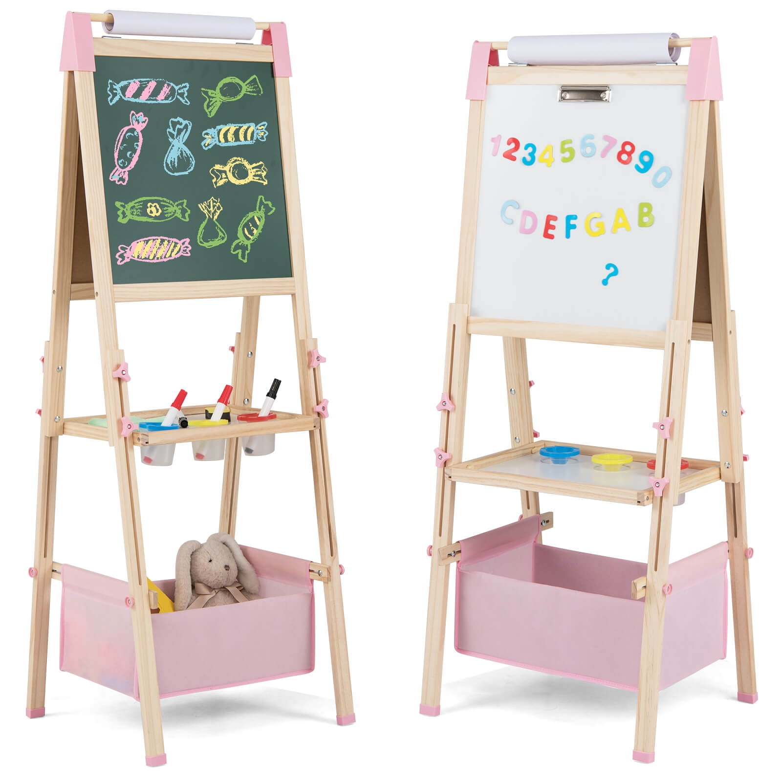 Costway 3-in-1 Kids Art Easel Double-Sided Wooden Adjustable Magnetic Drawing Board Pink