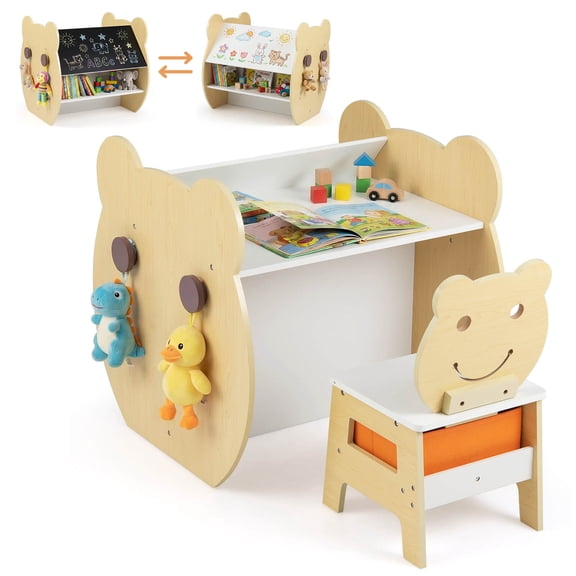 Costway 3-in-1 Kids Art Table & Chair. Reversible Whiteboard/Chalkboard,Storage & Hooks. Natural +White