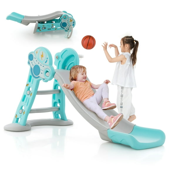 Costway 3-in-1 Kids Indoor Slide with Basketball Hoop & Basketball, Safe Buffer Zone Blue