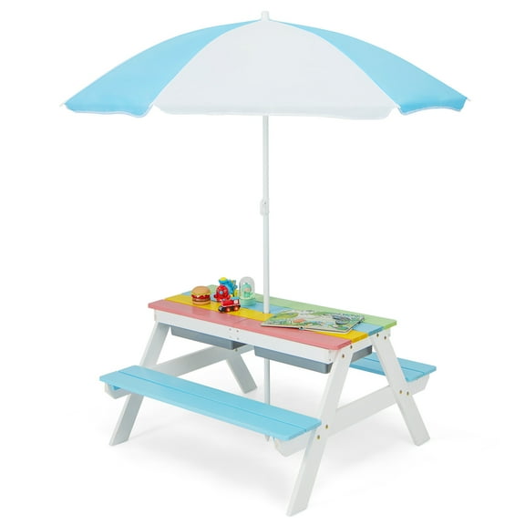 Costway 3-in-1 Kids Picnic Table Wooden Outdoor Sand & Water Table with Umbrella Play Boxes Blue