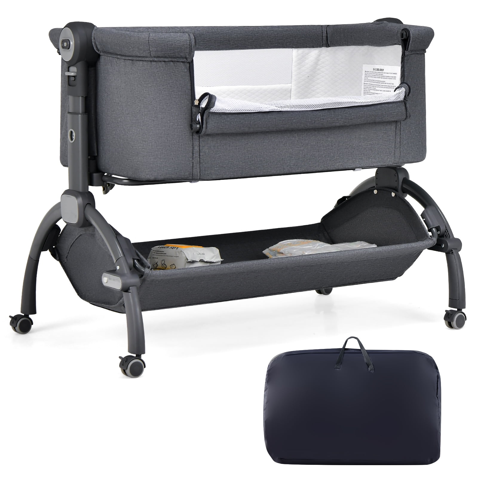 Costway  3-in-1 Portable Baby Bassinet Bedside Sleeper Cradle with Mattress& Storage Basket Gray