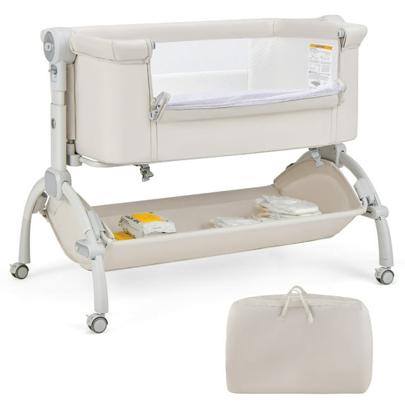 Costway 3-in-1 Portable Baby Bassinet Bedside Sleeper Cradle with Mattress& Storage Basket Beige