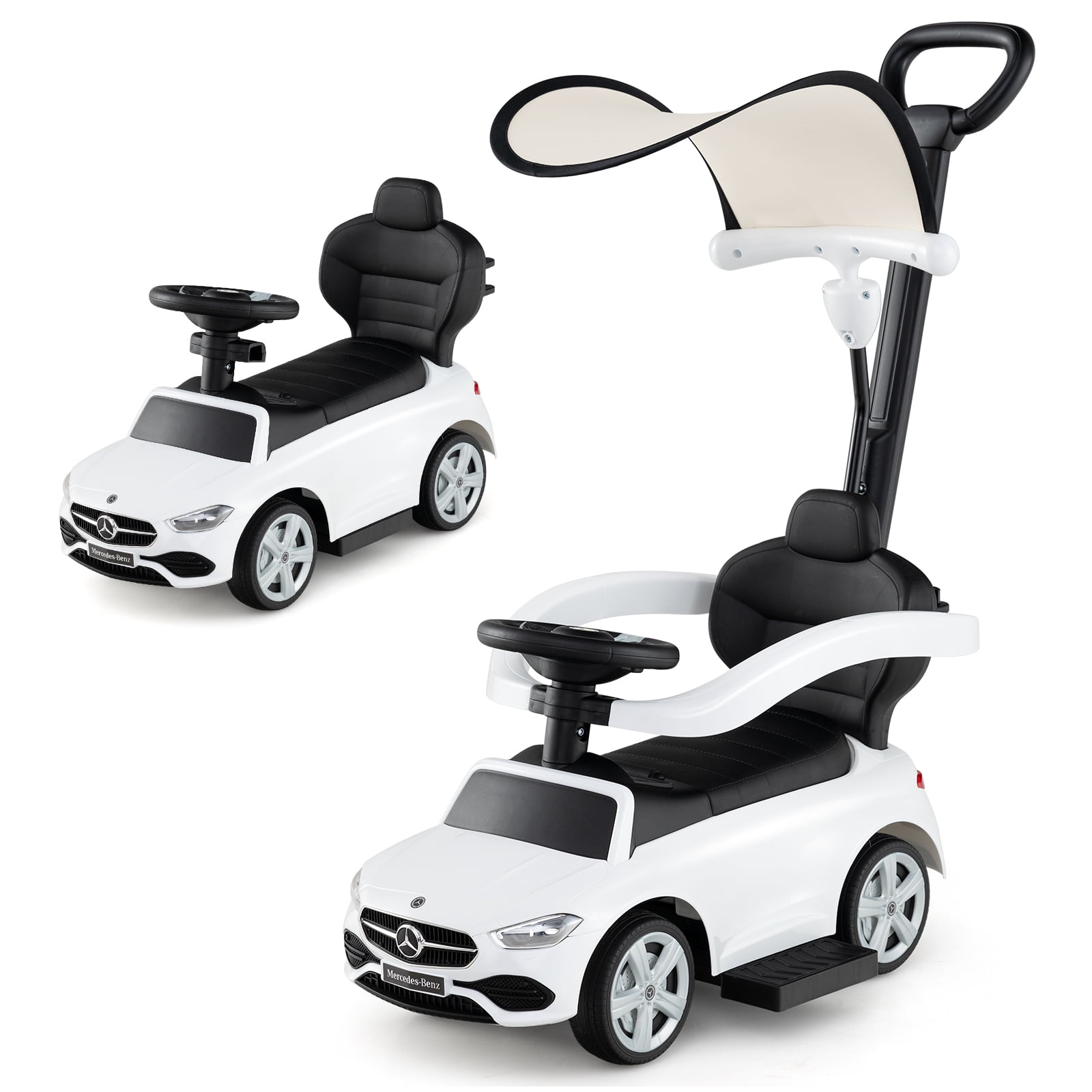 White Mercedes-Benz Licensed 3-in-1 Ride-On Push Car