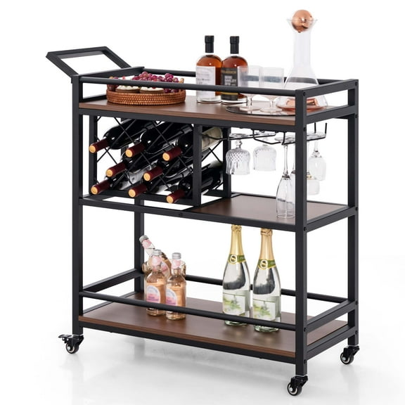 Costway 3-tier Bar Cart on Wheels Home Kitchen Serving Cart with Wine Rack & Glass Holder Brown