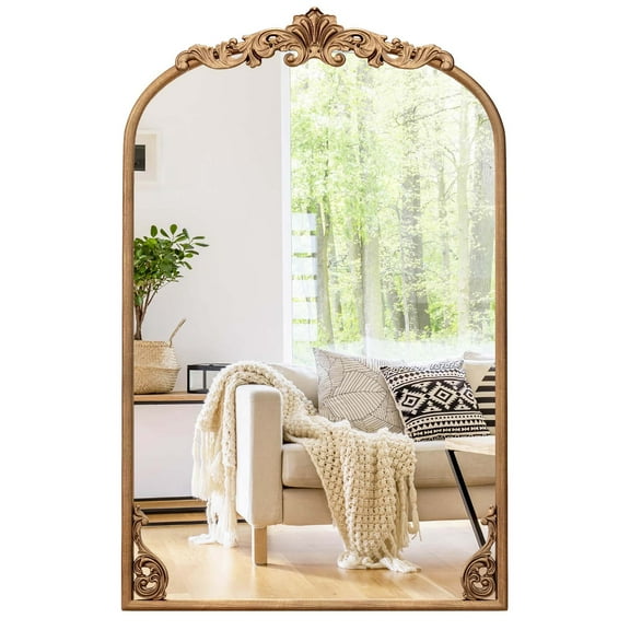 Costway 30" x 20" Gold Traditional Vintage Ornate Baroque Arched Mirror for Wall with Metal Frame