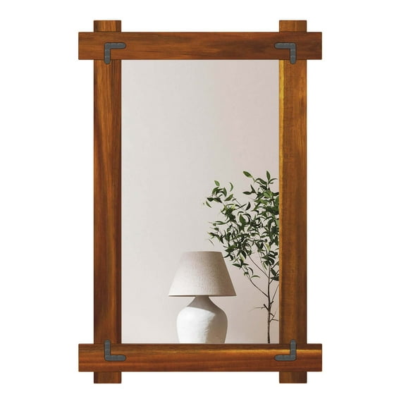 Costway 30 x 20 Inch Shatterproof Wall Mirror with Acacia Wood Frame & Vintage Rivet Design