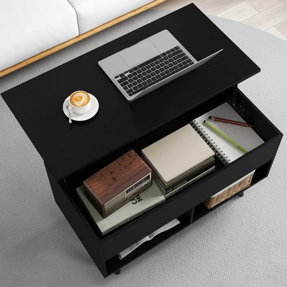 Costway Lift Top Coffee Table with Hidden Compartment Open Storage Shelves for Reception Black