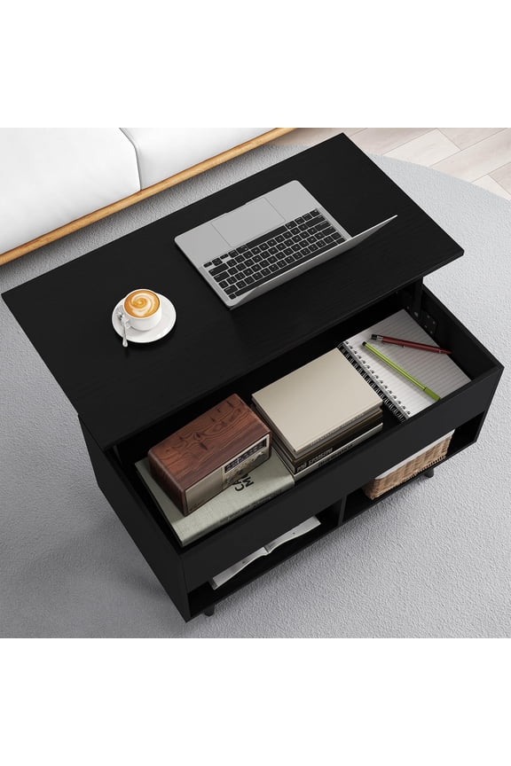 Lift Top Coffee Table with Hidden Compartment Open Storage Shelves for Reception Black