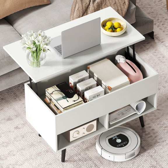 Costway 31.5" Lift Top CoffeeTable ModernTable with Hidden Compartment Wood Legs For Home White