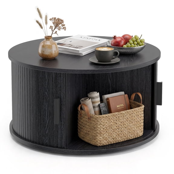 Costway 31.5" Round Coffee Table with Storage, Fluted Drum, Sliding Tambour Door for Home Black