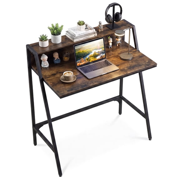 Costway 31.5” Small Computer Desk with Raised Storage Shelf & Heavy-duty Metal Frame Rustic Brown