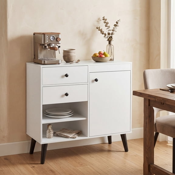 Costway 1/2 PCS 31" Sideboard Credenza Buffet Cabinet with Storage & 2 Open Compartments White