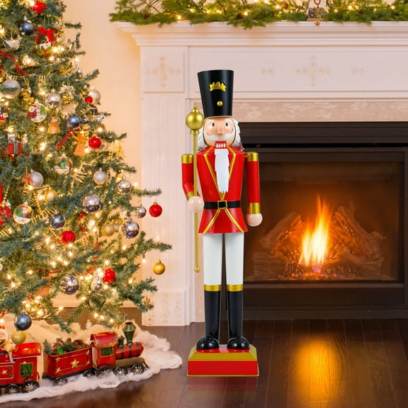 Costway 32.5” Christmas Nutcracker with High Hat & Beautiful Scepter, Uniform & Boots Black+Red