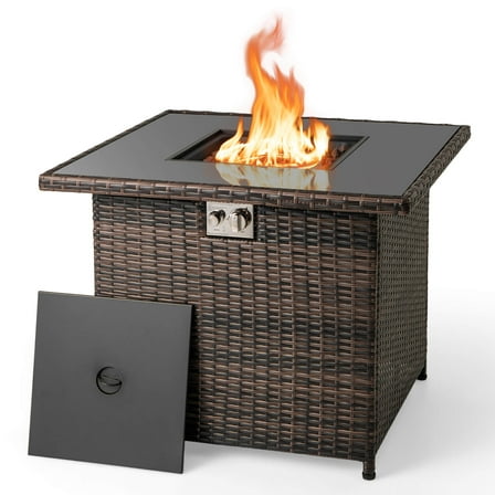 Costway 32.5" Propane Fire Pit Table Outdoor Wicker Gas Firepit with Stainless Steel Burner Brown