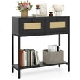thumbnail image 1 of Costway 32” Console Table with 2 Rattan Drawers, Open Storage Shelf, Heavy-duty Metal Frame Black, 1 of 10
