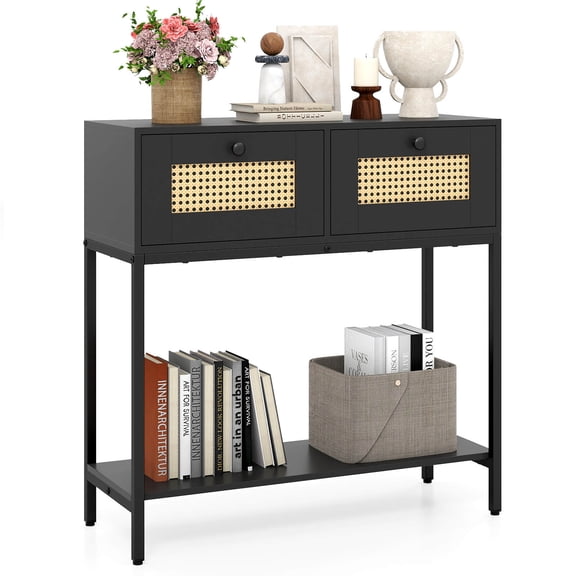 Costway 32” Console Table with 2 Rattan Drawers, Open Storage Shelf, Heavy-duty Metal Frame Black