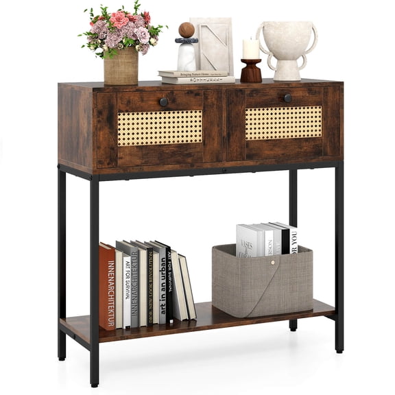 Costway 32” Console Table with 2 Rattan Drawers, Open Storage Shelf, Heavy-duty Metal Frame Rustic Brown