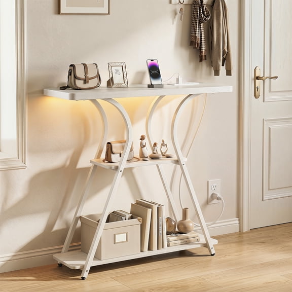 Costway 32" Console Table with Power Outlets & LED Lights, Storage Shelves & Metal Frame Oak + White