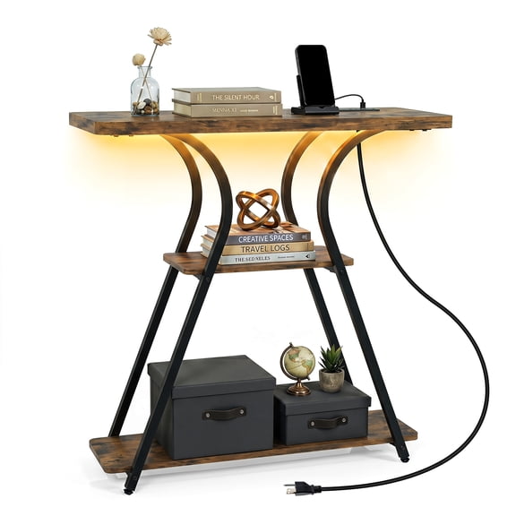 Costway 32 Console Table with Power Outlets & LED Lights, Storage Shelves & Metal Frame