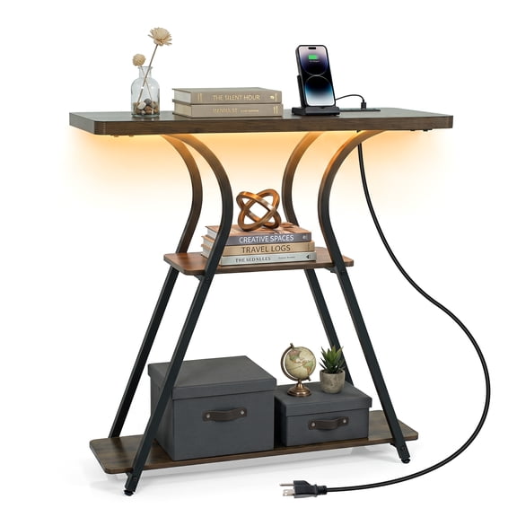 Costway 32 Console Table with Power Outlets & LED Lights, Storage Shelves & Metal Frame