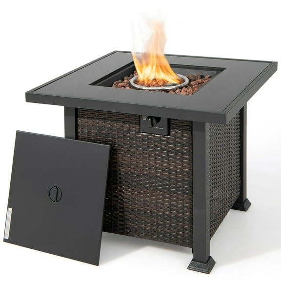 Costway 32'' Propane Fire Pit Table 50,000 BTU Square Firepit Heater w/ Lava Rocks Cover Mix Brown