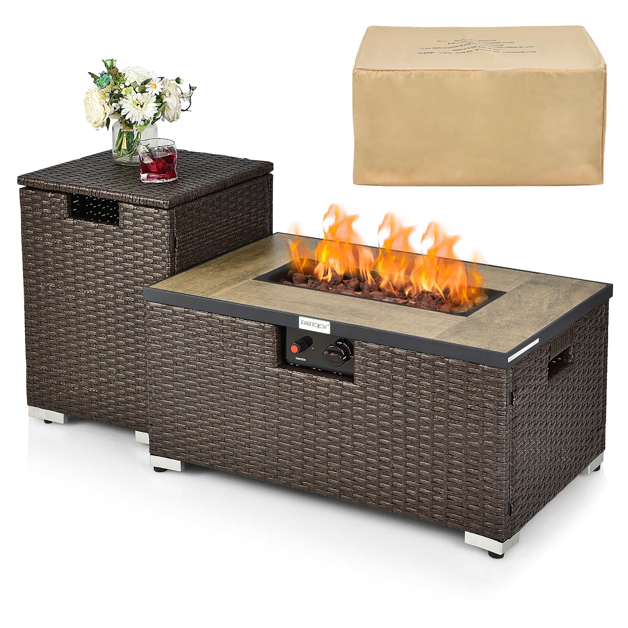 32" Brown PE Rattan Gas Fire Pit Table Set with Side Table