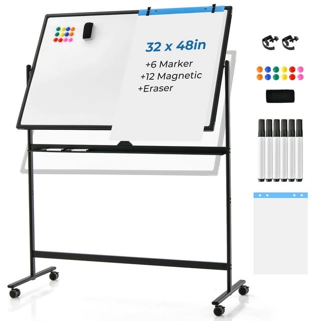 Costway 32 x 48'' Portable Rolling White Board Reversible Dry Erase