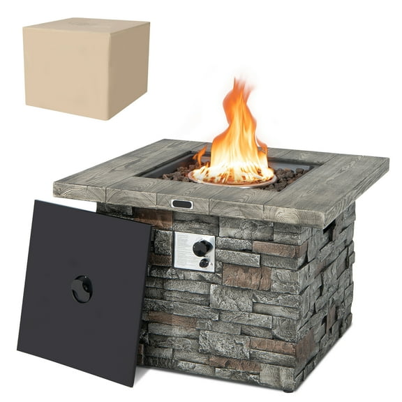 Costway 34.5'' Square Propane Gas Fire Pit Table Faux Stone w/ Lava Rock PVC Cover