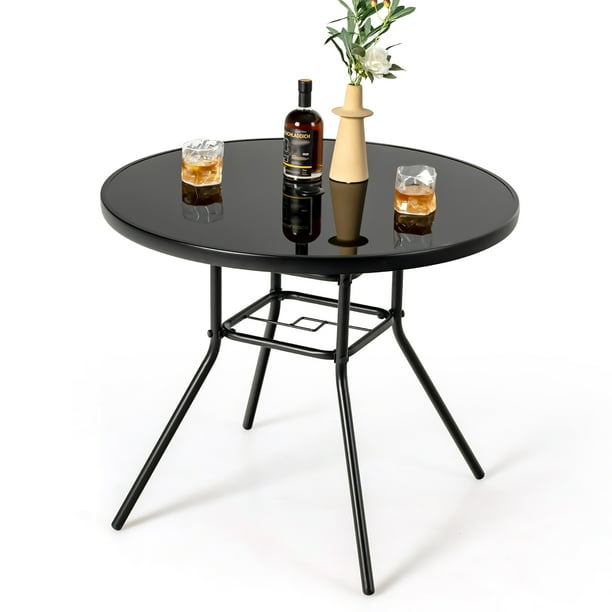 Tangkula 34 Inch Round Patio Table With Tempered Glass Top & Umbrella Hole