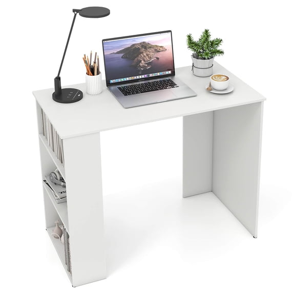 Costway 35.5" Compact PC Laptop Desk Modern Style Office Study Desk with Side Storage Shelf White