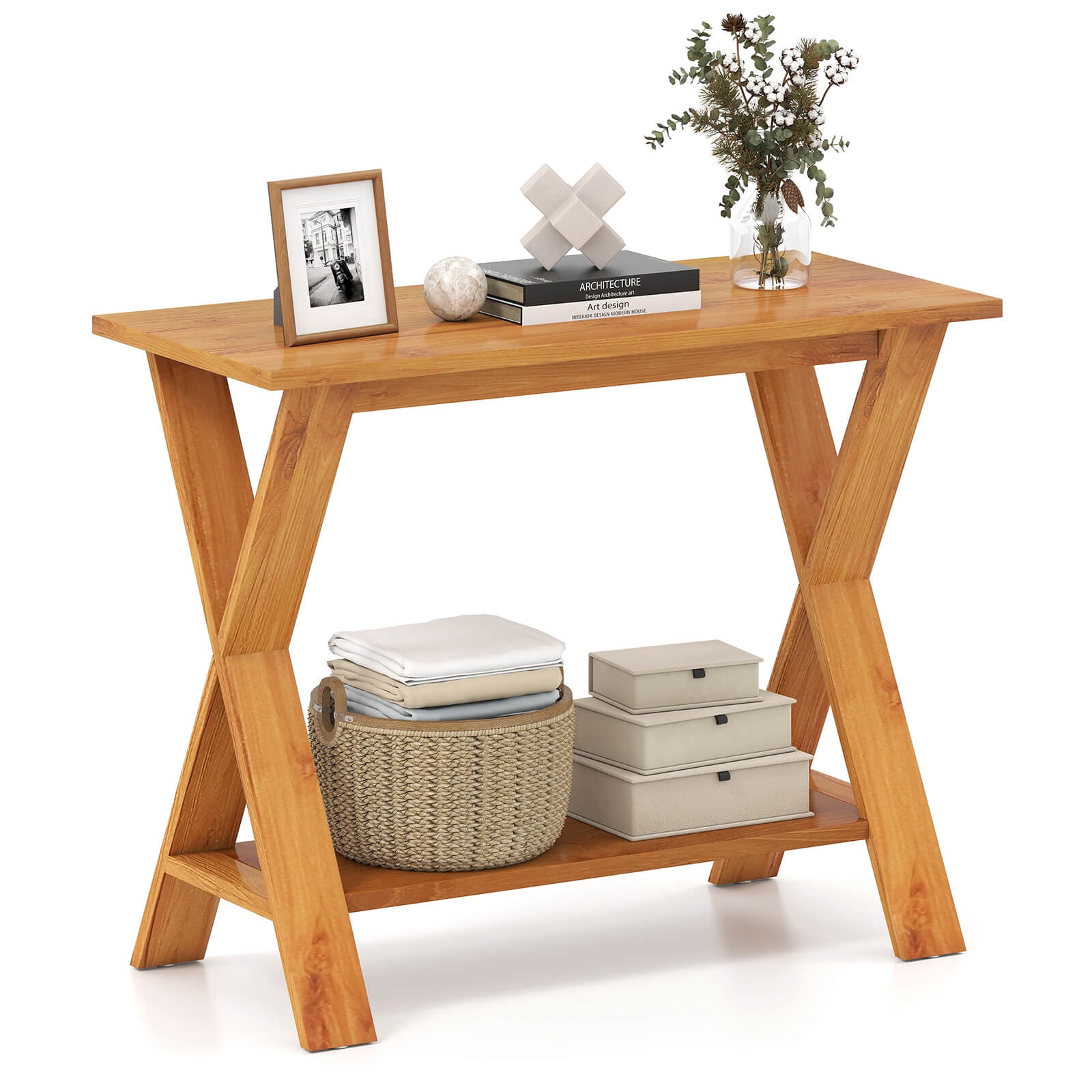Costway 35.5-Inch Long Entryway Table with Storage Shelf Solid Teak Wood Console Table
