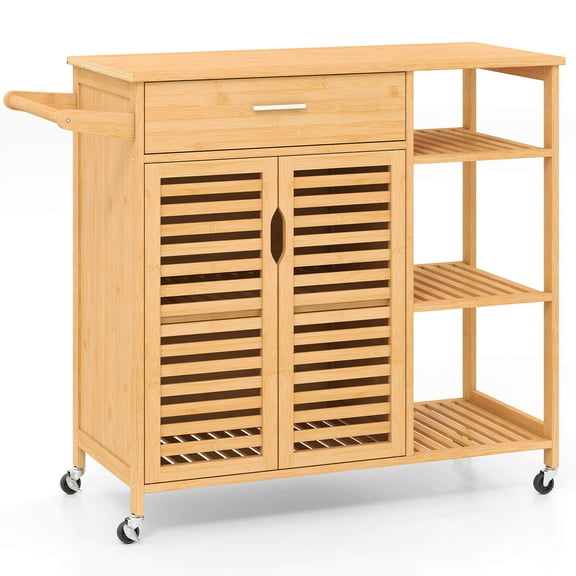 Costway 35.5" Kitchen Island Cartwith Lockable Wheels Drawer Open Shelves Towel Bar
