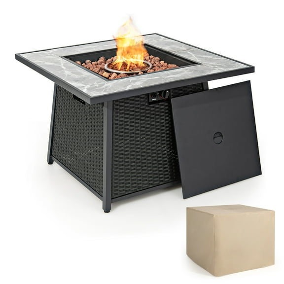Costway 35'' Propane Gas Fire Pit Table Patio PE Wicker Rattan w/ Lava Rocks PVC Cover