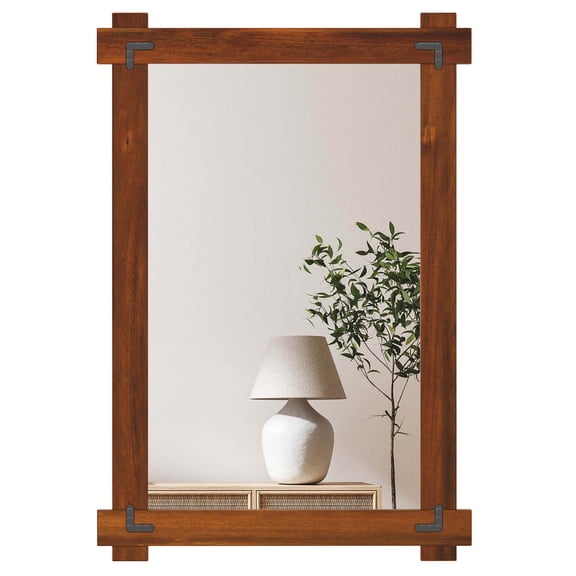 Costway 35 x 24 Inch Shatterproof Wall Mirror with Acacia Wood Frame & Vintage Rivet Design