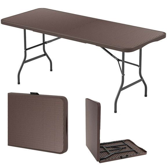 Costway 350 LBS Fold-in-Half Table with Rattan-Like HDPE Tabletop Safe Lock Mechanism
