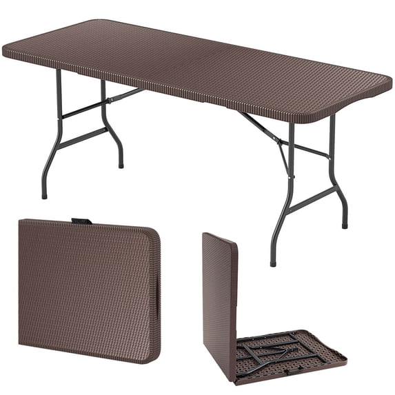 Costway 350 LBS Fold-in-Half Table with Rattan-Like HDPE Tabletop Safe Lock Mechanism