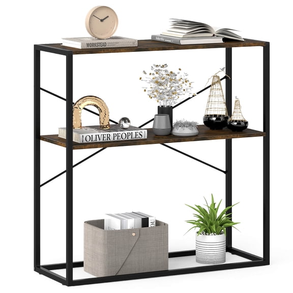 Costway 36” Console Table with Wooden Textured Open Shelves & Metal Frame for Hallway Brown