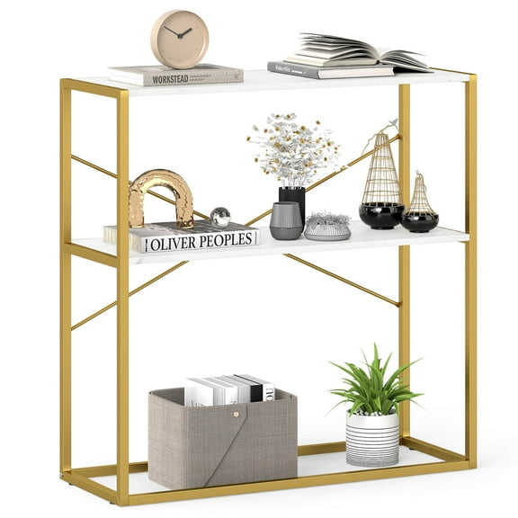 Costway 36” Console Table with Wooden Textured Open Shelves & Metal Frame for Hallway White
