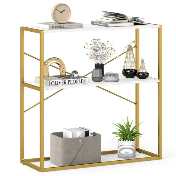 Costway 36” Console Table with Wooden Textured Open Shelves & Metal Frame for Hallway White