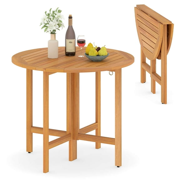 Costway 36" Outdoor Folding Round Dining Table with Slatted Tabletop for Backyard