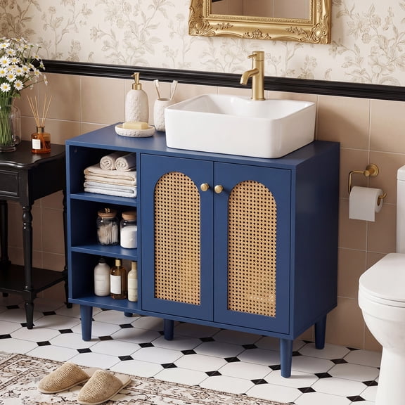 Costway 36 Under Sink Cabinet, Boho Sink Base Cabinet with Rattan Doors, Rubber Wood Legs
